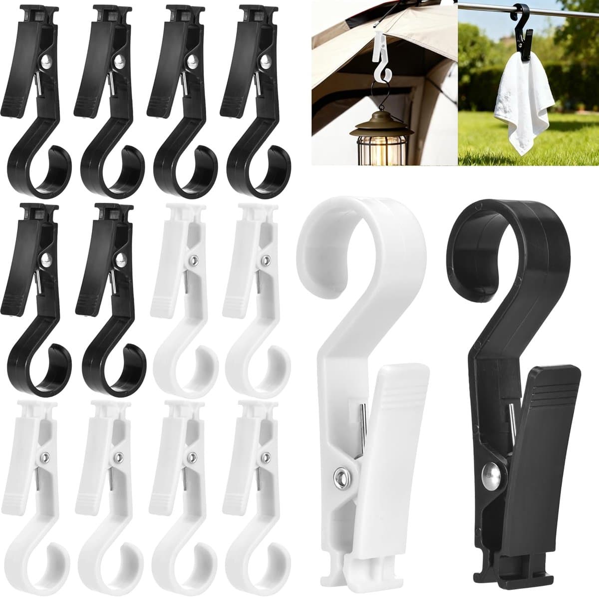 12 stuks hoogwaardige grote droogclips, campinghaken, handdoekclips, haken, tent buiten, geschikt voor campingverlichting, kleding, handdoeken — afbeelding 1