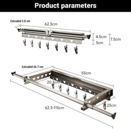 Bresht Wanddroogrek - Uitschuifbaar - Inklapbaar – RVS - Voor Binnen & Buiten - Roestvrij staal - Grijs - 55 × 26,7 × 7,5 cm — thumbnail 2