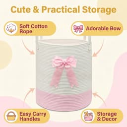 SnelShoppen - Roze Wasmand met Strik, Geweven Touw Speelgoedopbergmand voor Kinderen, Baby Kleding Mand, Kinderkamer en Badkamer Dekens Organizer Deco — thumbnail 1
