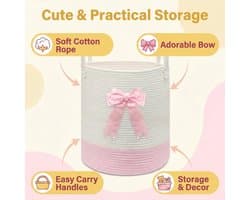 SnelShoppen - Roze Wasmand met Strik, Geweven Touw Speelgoedopbergmand voor Kinderen, Baby Kleding Mand, Kinderkamer en Badkamer Dekens Organizer Deco