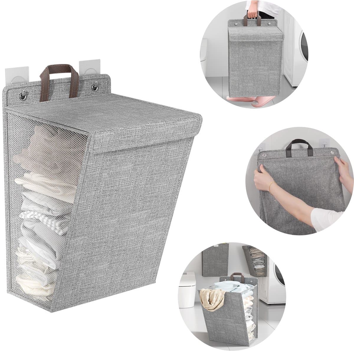 REDOM Wasmand 35 x 9,5 x 48 cm – Hangend en Opvouwbaar – Ruimtebesparend met 2 Zelfklevende Haken – Voor Badkamer, Slaapkamer en Wasruimte – Katoen-Linnen – Grijs — afbeelding 1