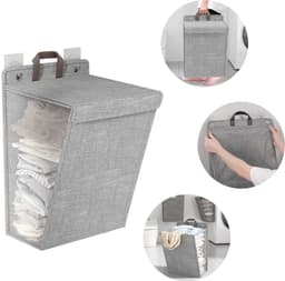 REDOM Wasmand 35 x 9,5 x 48 cm – Hangend en Opvouwbaar – Ruimtebesparend met 2 Zelfklevende Haken – Voor Badkamer, Slaapkamer en Wasruimte – Katoen-Linnen – Grijs — thumbnail 1