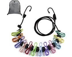Waslijn uittrekbaar - Veelkleurig - 180-300 cm - Elastische Waslijn met 12 Klemmen - Voor Reizen en Camping