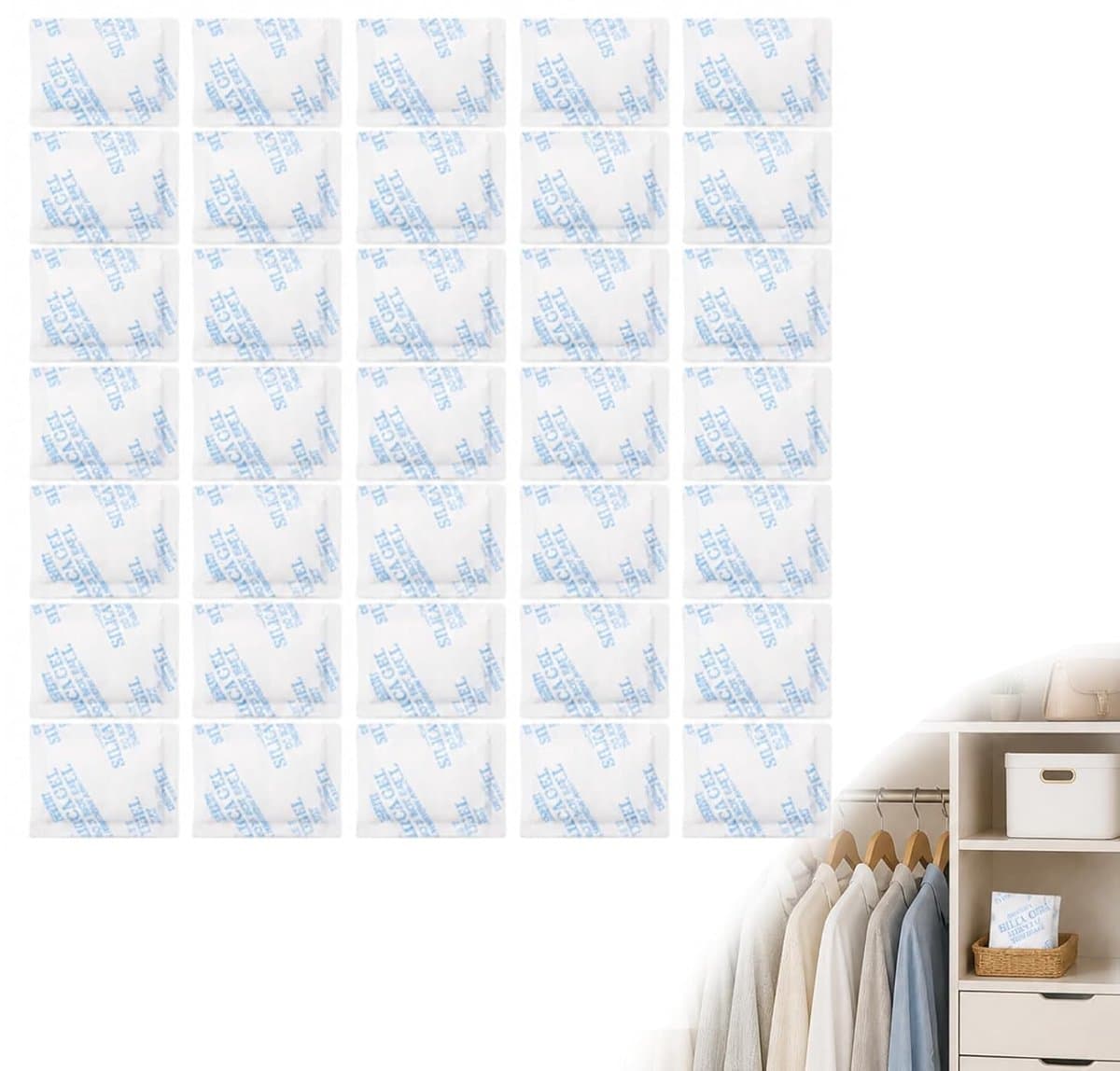 35 stuks silicagel zakjes, droogmiddel, vochtabsorberend, 10 g per zak, ter bescherming tegen corrosie en roest, geschikt voor elektronica, kleding, meubels, laden, schoenen en kasten — afbeelding 1