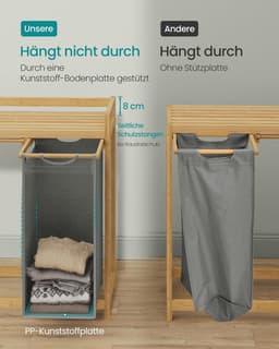 Wasmand 3 vakken, bamboe, wasverzamelaar 150 l, wassorteerder, met plank, waszak, kleine zijzakken, wasrek, 3 x 50 l, 94 x 33 x 78 cm, duifgrijs RLH115G01 — thumbnail 4