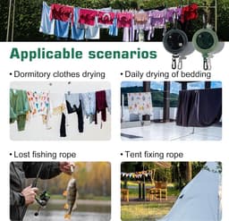 Waslijn uittrekbaar camping, uittrekbare waslijn met handslinger 10 m, draagvermogen 50 kg, incl. 20 klemmen, 10 vaste gespen, set van 2 zwart/groen, voor camper, vanlife & backpacking — thumbnail 3