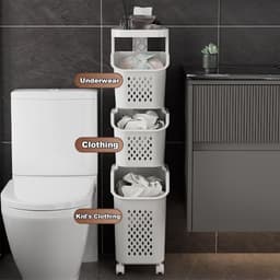 Wasmand op wielen - Rolwagen opbergruimte - Vuile was sorteren - Ademende meshstructuur - Tot 132 cm hoog - Wit — thumbnail 4