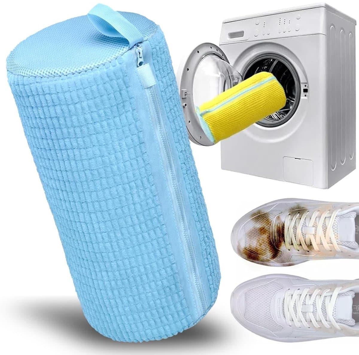 Dailygoods - Waszak voor schoenen – waszak voor schoenen met villosities, schoenentas voor wasmachine met ritssluiting, herbruikbaar, waszakken voor sneakers (blauw/verpakking 1) — afbeelding 1