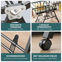 DPLUNIQ Kledingrek - Wasrek - Droogrek - Droogtoren - 3 Lagen - Opvouwbaar - Met Wielen - 160x46x102,5cm - IJzer - Zwart — thumbnail 3