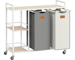 Wasmand, 2 vakken, wasmand 100 l, bak, wieltjes, trolley met planken, tas, afneembare zakken, 6 etiketten, natuurlijk beige, duifgrijs en crèmewit BLH311G01