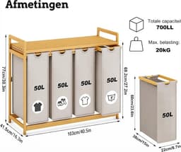 Wasmand - 200L - Wasmand 4 Vakken - Wasmanden - Lichtgrijs - 107cm x 42cm x 77cm — thumbnail 5