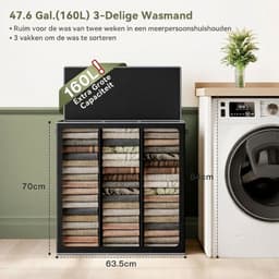 SP® Wasmand - 160L - Wasmand 3 Vakken - Wasmand Met Deksel - Zwart - 64cm x 36cm x 70cm — thumbnail 5