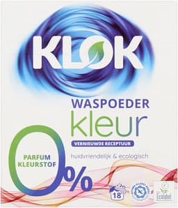 Waspoeder Klok kleur + wit 0% parfum kleurstof  2x 18 wasbeurten — thumbnail 2