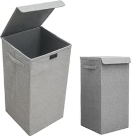 50L Wasmand met Deksel - 30x30x60 Wasverzamelaar met Houten Frame - Badkamer Wasbox Opvouwbaar — thumbnail 1