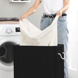 Bamboe Wasmand, 100 L Wasbak, Wasmand Met 2 Compartimenten, Wassorteerder Met Deksel En Verwijderbare Waszak, Katoenen Handgrepen, Zwart — thumbnail 4