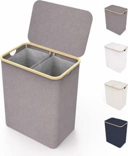 Dubbele wasmand met deksel en twee uitneembare waszakken grijs – extra grote wasmand van bamboe – XXL waszak – 150 l – 57 x 37 x 71 cm — thumbnail 1
