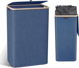 Wasmand met deksel, groot, 100 L wasmand, smal met afneembare waszak, wasmanden, waskast, waskist wasbak voor vuile was, marineblauw. — thumbnail 1