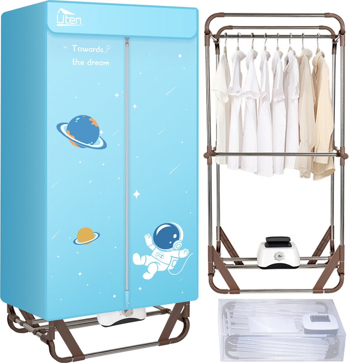 Uten Draagbare elektrische droger Gr886 - 2 lagen droog Design - Warmtepompdroger - 1500 W - Timer 0-180 Min - Elektrisch Droogrek met Verwarming - Wasdroger - Tot 15kg wasgoed - Als wasdroger, droogrek en Kledingkast- Hoogte 1.7 M - lichtblauw — afbeelding 1