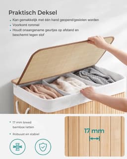 Thuys – Luxe Wassoorteerder – 3 Vlakken – Bamboe met Deksel – Was Organizer – Wasmand – 150L Inhoud – Stijlvol Design — thumbnail 4