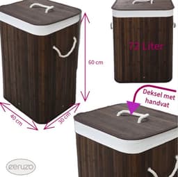 Ceruzo Bamboe Wasmand met Deksel - 72L - Bamboe - Binnenzak Wasbaar - Wassorteerder - Handvaten- Bruin — thumbnail 3