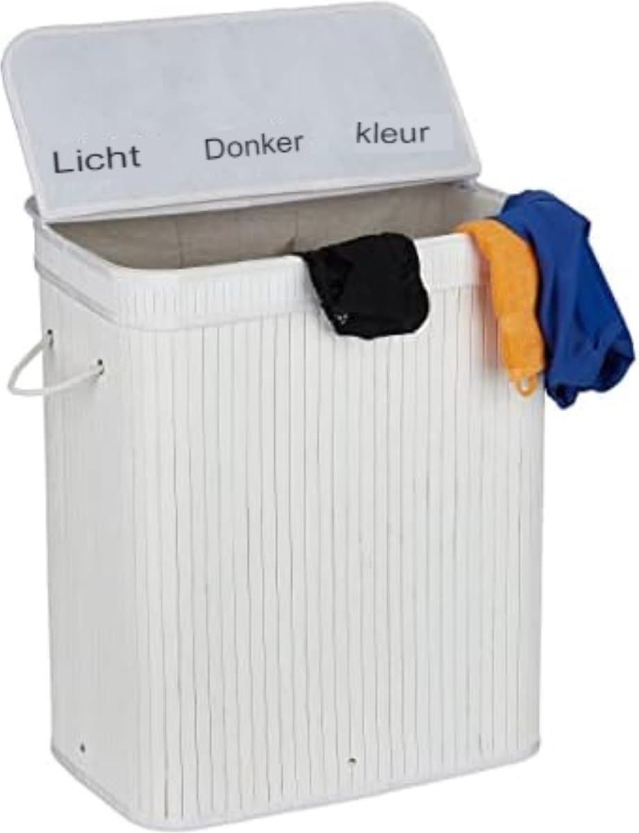 Wasmand 3 vakken wassorteerder - Wasmand 3 vakken met deksel - Wasmand met deksel - Wasverdeler - 63 x 55 x 35 cm - In Wit — afbeelding 1