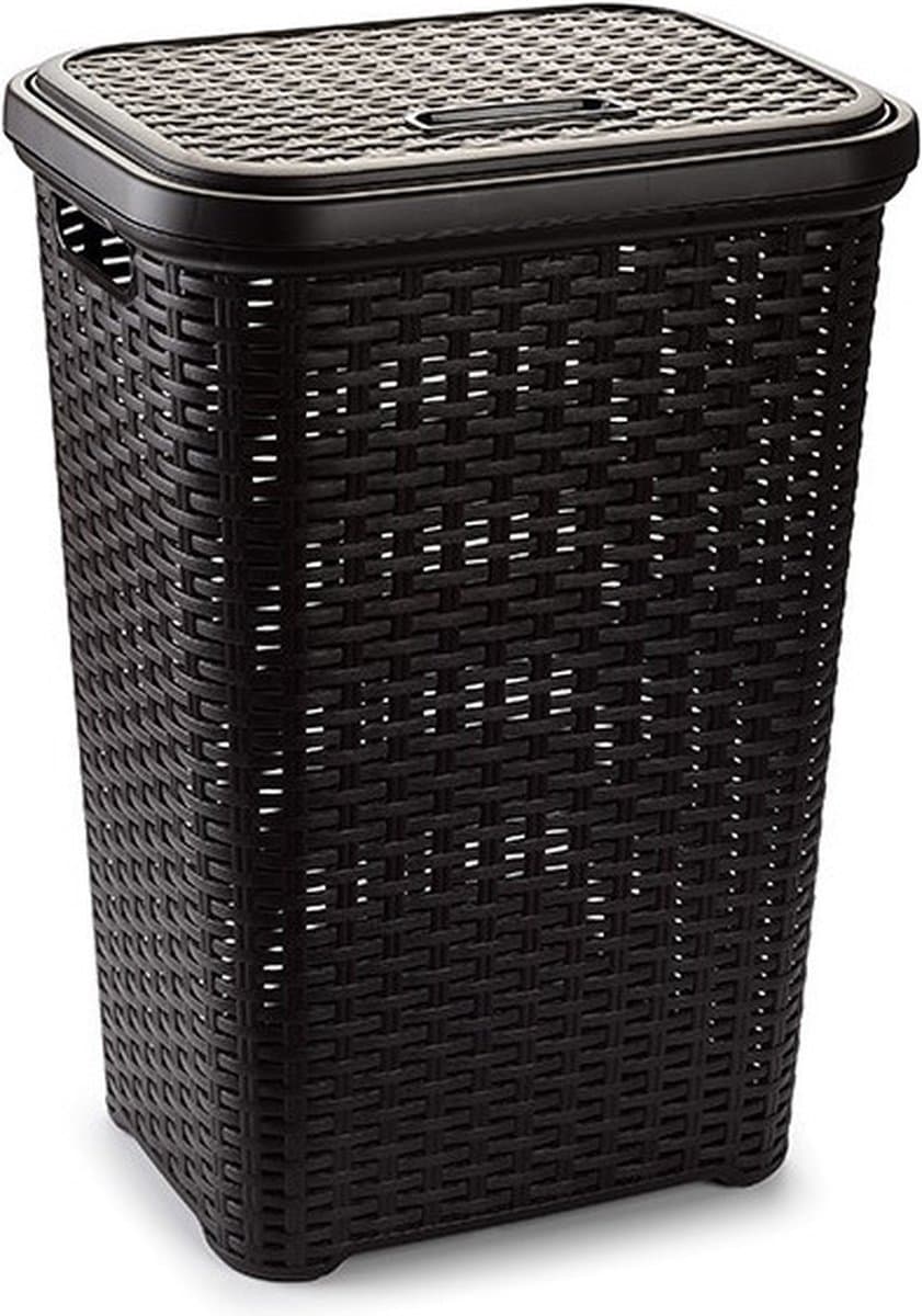 Plasticforte Wasmand met deksel - 60 liter - donkerbruin - rotan - kunststof - L35 x B43 x H62 cm — afbeelding 1