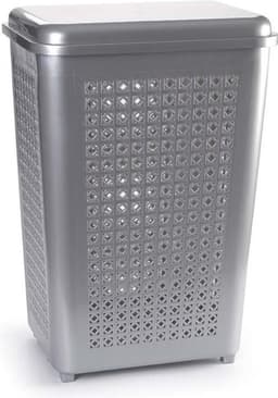 Plasticforte Wasmand met deksel - 50 liter - zilverkleurig - kunststof - 41x31x61 cm — thumbnail 1