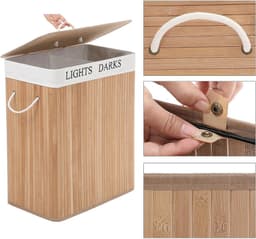 Wasmand van Bamboe, 100 L Wassorteerder met 2 Vakken, Opvouwbare Waszak met Uitneembare Waszak, Rechthoekige Wasbox, Naturel — thumbnail 2