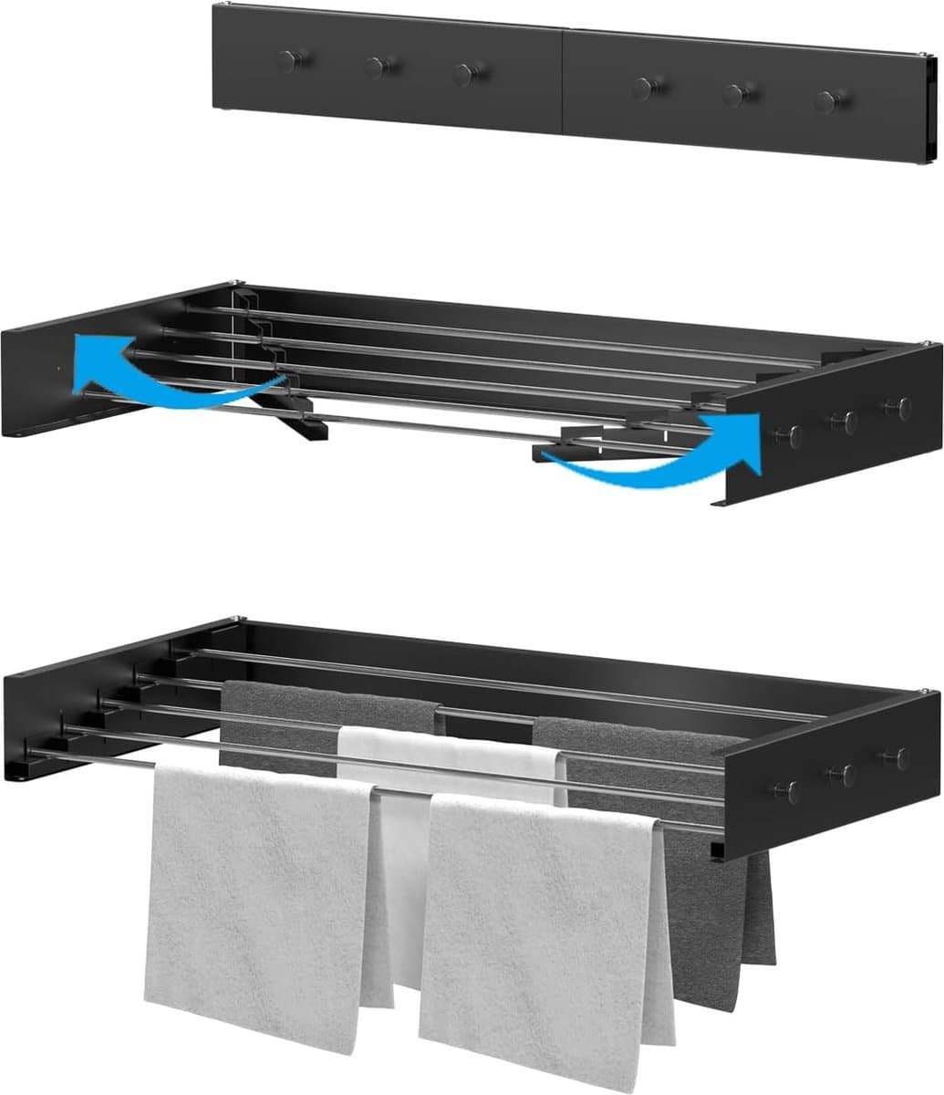 Droogrek voor aan de wand uittrekbaar en kledinghaak 80 cm van hangwasdroger in klein, compact formaat, wasrek voor binnen en buiten, is uittrekbaar en zwart — afbeelding 1