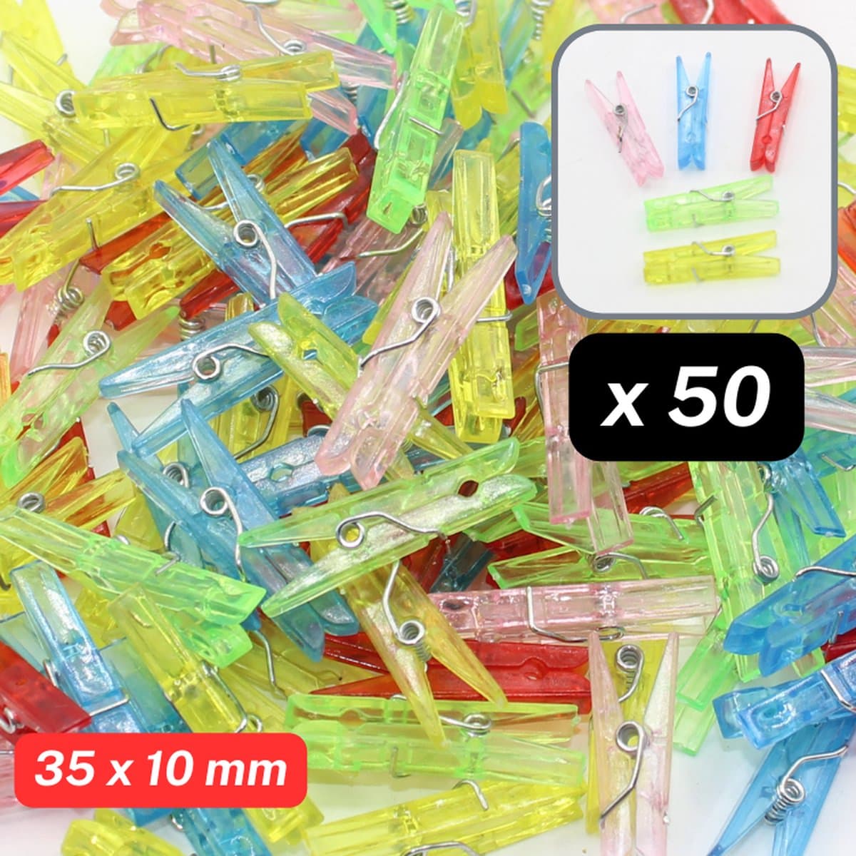 50 Stuks MINI KUNSTSTOF WASKNIJPERS, Lengte 3,5CM, Kan ook Gebruikt worden om Foto's/Kerstkaarten/Feestartikelen aan op te Hangen,MIX KLEUREN TRANSPARANT — afbeelding 1