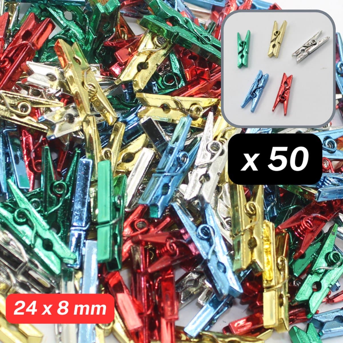 50 Stuks MINI KUNSTSTOF WASKNIJPERS, Lengte 3,5CM, Kan ook Gebruikt worden om Foto's/Kerstkaarten/Feestartikelen aan op te Hangen,MIX KLEUREN METALLIC — afbeelding 1