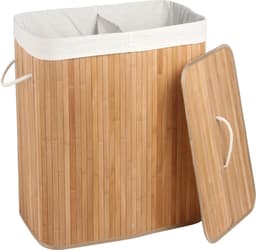 Bamboe Wasmand XL – 100L – Opvouwbaar met 2 Vakken & Deksel – Uitneembare Waszak – 60x40x30 cm — thumbnail 1