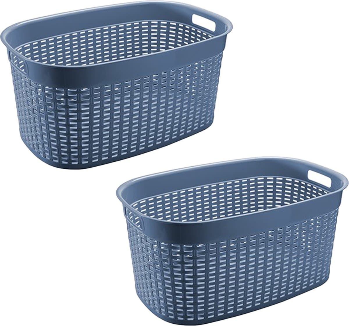 Hega Hogar Rotan line wasmand - 2x - blauw - inhoud 44 liter - kunststof - 58 x 39 x 27 cm — afbeelding 1