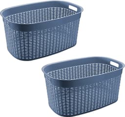 Hega Hogar Rotan line wasmand - 2x - blauw - inhoud 44 liter - kunststof - 58 x 39 x 27 cm — thumbnail 1