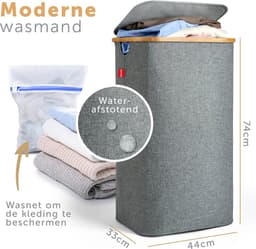 Blumtal Wasmand 100L - Wasmand met uitneembare waszak - Smalle wasmand - Flesverzamelaar - Wasmand met deksel - Grijs — thumbnail 3
