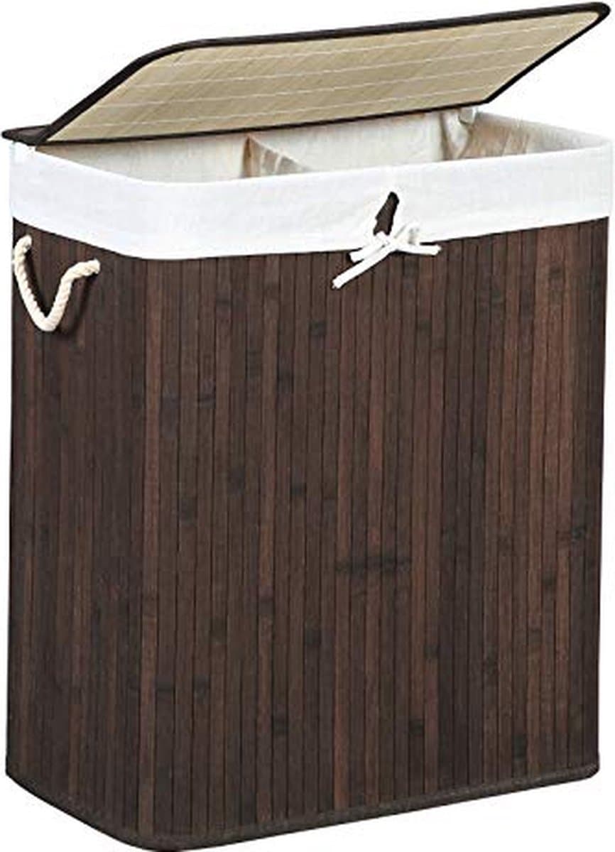 Wasmand - Van bamboe - Wasbak - Wassorteerder - Met 2 vakken - Met deksel - Afneembare waszak — afbeelding 1