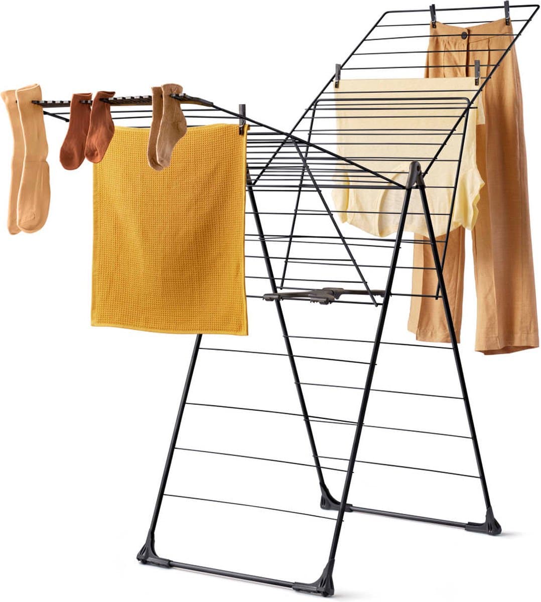 Blokker Wasrek Inklapbaar 108 cm Hoog Zwart - Stevig Droogrek met Wieltjes - Met 32m Drooglengte Perfect voor 1 tot 2 Wasladingen - Wasdroogrek Compact Op te Bergen — afbeelding 1