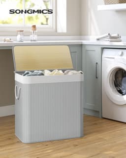 150L wasmand, wasbox met deksel, wassorteerder, van bamboe, met handgrepen, 3 vakken, opvouwbaar, katoen, waszak in de machine wasbaar, wasruimte, grijs LCB091G01 — thumbnail 3