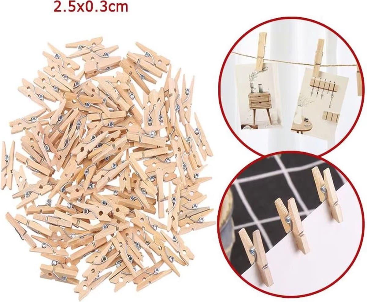Actie4you® - Mini Wasknijpers Hout – Mini Klem - 25MM - 100 stuks — afbeelding 1