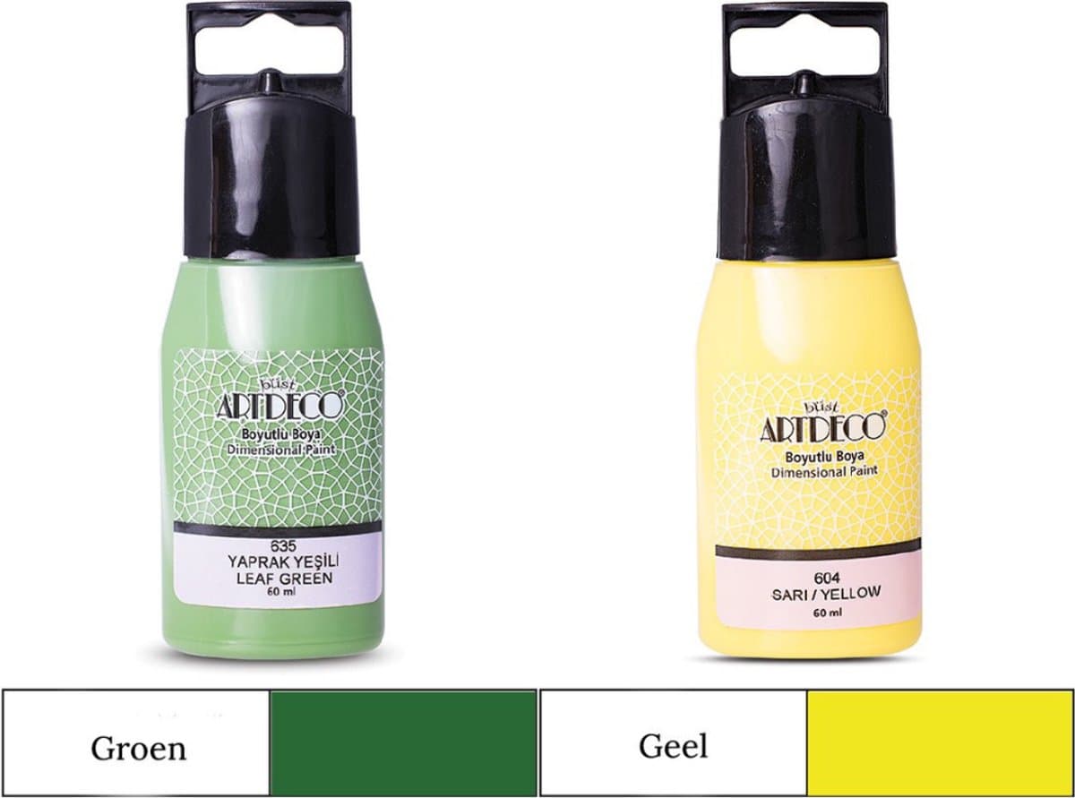 Artdeco 3D Dimensionale Verf Set – 2x50 ml – Groen & Geel – Geschikt voor Stof, Glas, Keramiek, Karton, Metaal, Papier & Steen – 3D Liner Textuur- en Reliëfschilderen Dimensional Paint — afbeelding 1