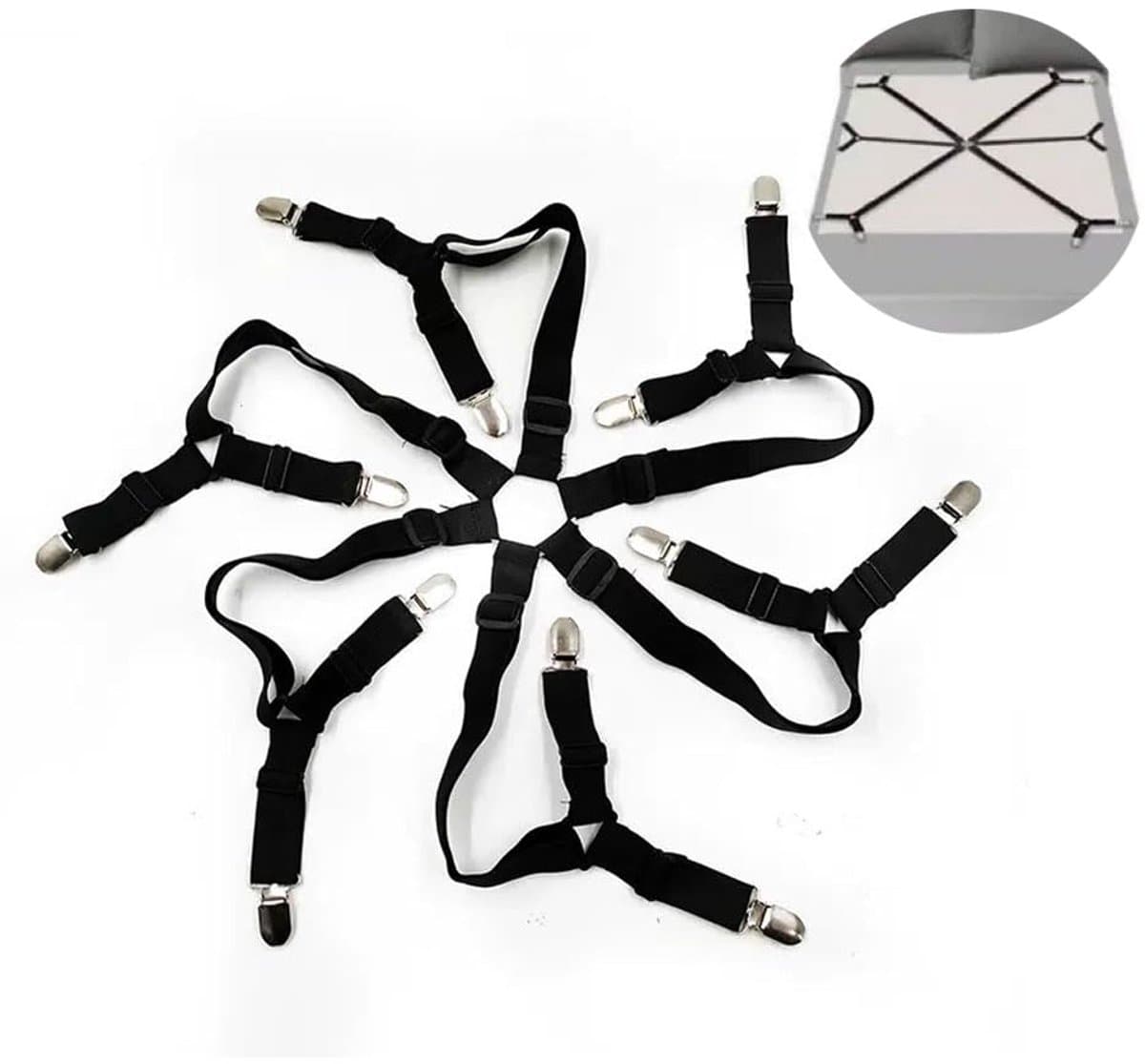 Dutchers® Lakenspanner 12 clips - 1 Spanner is voldoende - Lakenspanners - Dekbedspanners - Dekbedclips - Dekbed Klemmen - Tafelklemmen - Bedbetrels - Verstelbare Elastische Lakenhouders - Overtrekspanners - Universeel - Zwart — afbeelding 1