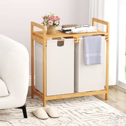 COSTWAY Wasmand 2 vakken, met 2 uittrekbare waszakken, wasverzamelaar met plank, wassorteerder bamboe voor badkamer, woonkamer en slaapkamer (wit) — thumbnail 3