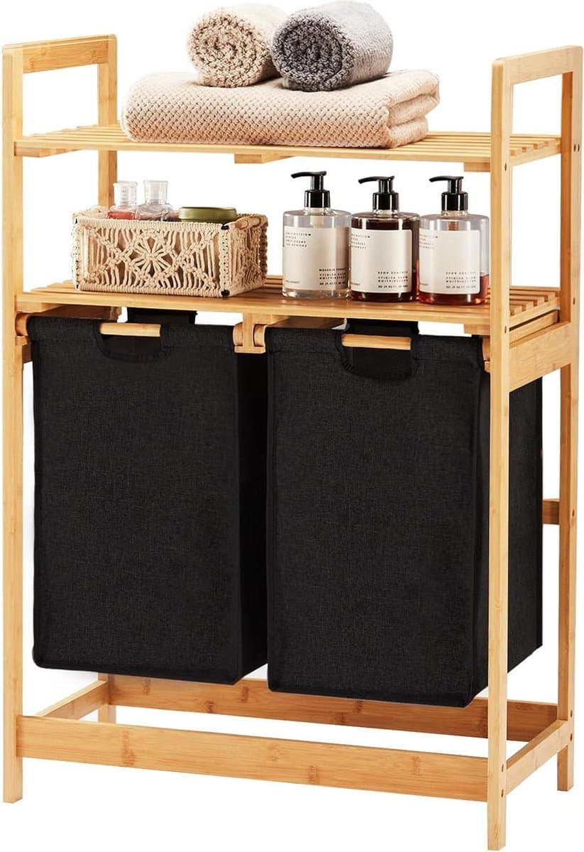 Allecto Premium - Bamboe Wasmand met 2 Planken en Uittrekbare Waszakken - Voor Slaapkamer, Badkamer en Waskeuken - 93 x 64 x 33 cm Zwart — afbeelding 1