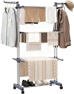 HEZIVO® Droogtoren met Wieltjes - Wasrek Staand - Inklapbaar Droogrek - 4-Laags - RVS - Grijs — thumbnail 1