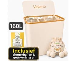 Vellano Wasmand 3 Vakken – Wassorteerder met Deksel – 160L – 3 Uitneembare Waszakken – Bamboe Frame – Incl. Drogerballen & Jasmijn Geurverfrisser — afbeelding 1