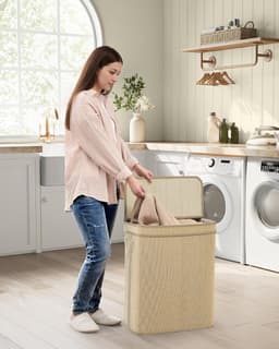 SONGMICS Bamboe wasmand, 90 liter, afneembare en machinewasbare waszak, met deksel, handgrepen, voor wasruimte, slaapkamer, woonkamer, natuurlijk LCB067Y01 — thumbnail 3