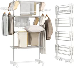 Scaleunion Opvouwbaar Droogrek met 4 Niveaus – Verrijdbaar Wasrek met 6 Wielen – RVS Droogtoren met Verstelbare Planken – 80-142 x 55 x 172 cm — thumbnail 1