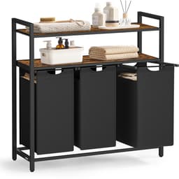 VASAGLE - Wasmand - Wassorteerder - 3 Uitneembare Tassen - Legplank - Voor Badkamer en Wasruimte — thumbnail 1