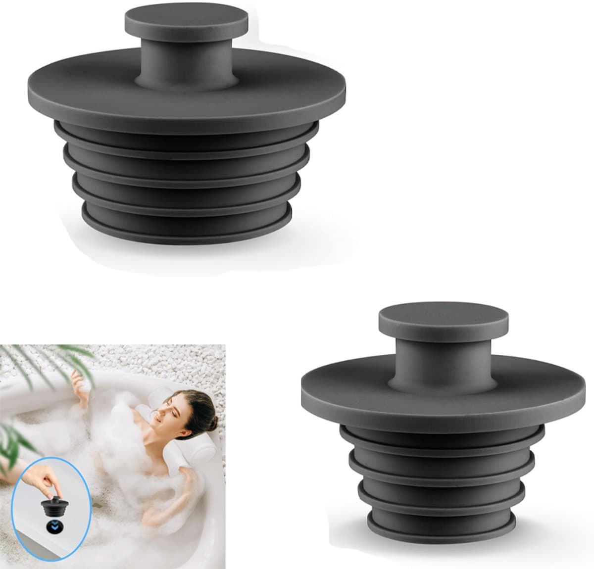 Set van 2 - Badkuipstop - Wastafelstop - Douchestop - Badkuipstop - Wastafelstop - Pijpstop - BPA-vrij - Siliconenmateriaal - Geschikt voor badkuipen, wastafels, enz. - Eén grote en één kleine - Zwart — afbeelding 1