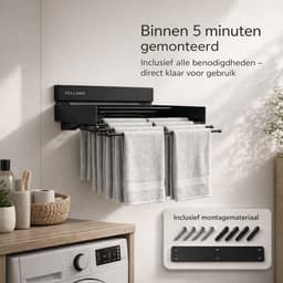 Vellano Wanddroogrek Inklapbaar – Premium Wasrek Muur 80 cm – 4 m Drooglengte – Stevig & Ruimtebesparend – Incl. Boormal & Bevestigingsset – zwart — thumbnail 2